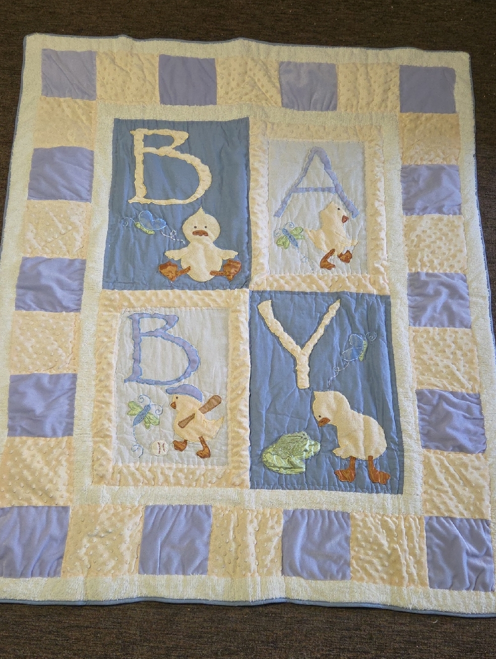 Baby Quilted Nursery Wall Quilt  in Blue and Cream And Yellows 58x48